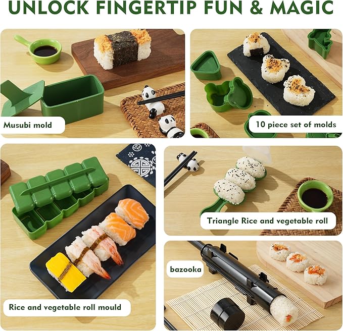 Sushi Maker Kit – 43-Piece Complete Set with Bazooka Roller, Onigiri Shaper, Nigiri Mold, Bamboo Rolling Mat & Tools | DIY for Beginners (Green)