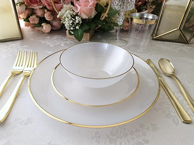 " OCCASIONS " 50 Plates Pack (25 Guests)-Wedding Party Disposable Plastic Plate Set -25 x 10'' Dinner + 25 x 7'' Salad & Dessert plates (Belize in White Pearl & Gold)