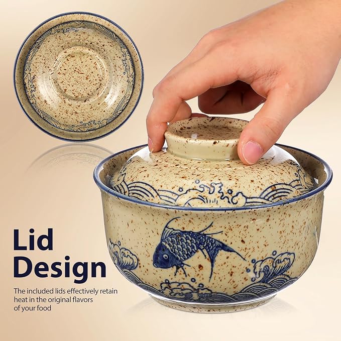Cabilock 2 Pieces Ceramic Ramen Bowls, 25 Oz Large Soup Bowl with Lid, Spoon Chopstick Japanese Tableware for Noodles, Salad, Rice, Microwave Dishwasher Korean Clay Pot - Fish