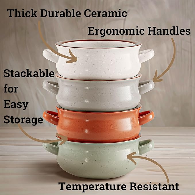 Ceramic Soup Bowls With Handles Set of 4 - 20 oz French Onion Soup Bowls Oven Safe - Dishwasher, Microwave & Oven Safe Bowl Set for Chili, Gumbo, Chowder - Soup Bowl With Handle - French Onion Crock