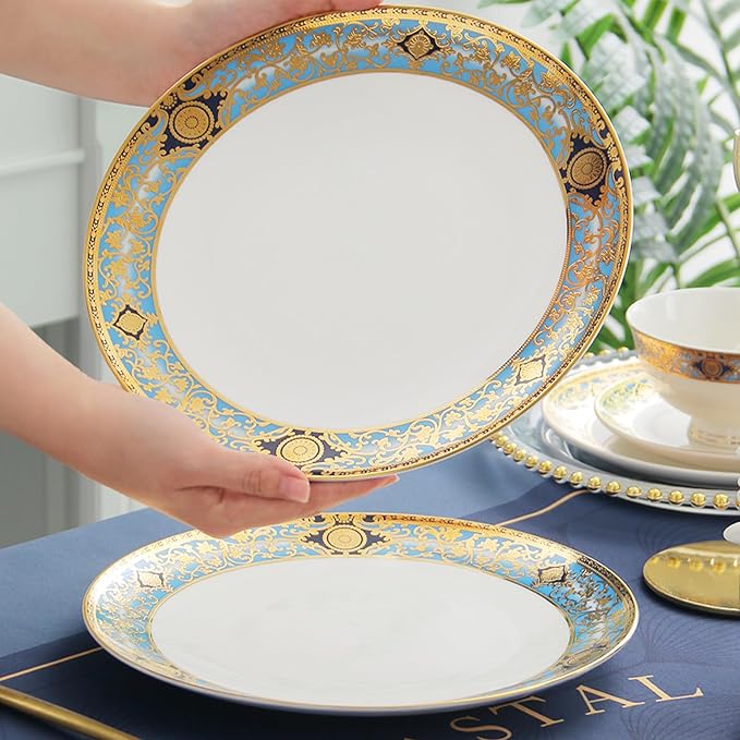 Bone China Dinnerware Set for 4, 8 Piece Tableware for Dining,Ornate Retro Pattern Plates for Fine Dining, Wedding Reception, Anniversary and Restaurant Use