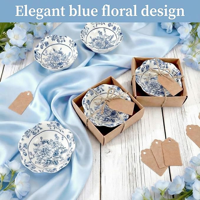 SiliFine 96 Pcs Wedding Favors for Guests Small Ceramic Bowl Bulk Gifts Set 3.3 Inch Floral Design Mini Dipping Sauce Dish with Card Box for Bridal Pooja Baby Shower Birthday (Flower,Blue)