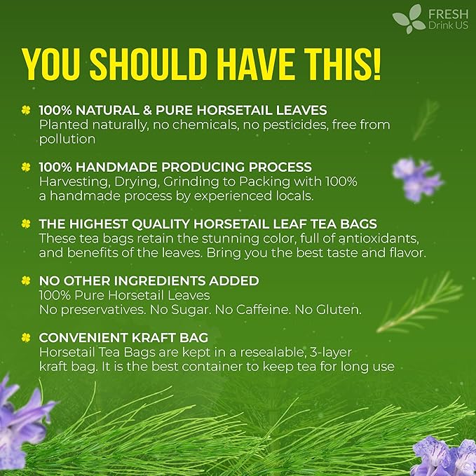 FreshDrinkUS, Premium 30 Horsetail Leaf Tea Bags, 100% Natural & Pure from Horsetail Loose Leaves Herbal Tea. Made with Natural Material Tea Bags. No Sugar, No Caffeine, No Gluten, Vegan.