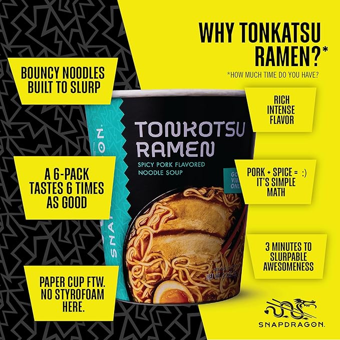 Snapdragon Tonkotsu Ramen Cup Noodles - 6 Pack Instant Ramen Bowl with Authentic Wheat Noodles, Soup Sauce Base, Flavor and Vege Packs. Microwave or Hot Water, Easy Meal Prep