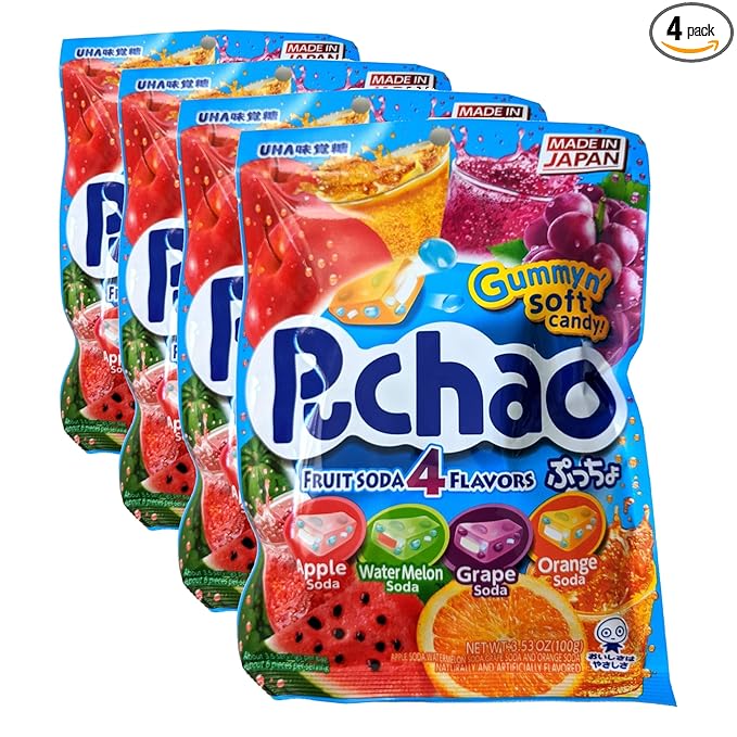UHA mikakuto Puchao Soft Chewy Candy with Gummy Bits, 4 Fruit Soda Flavors with Apple, Watermelon, Grape, and Orange, 3.53 Oz (Pack of 4)