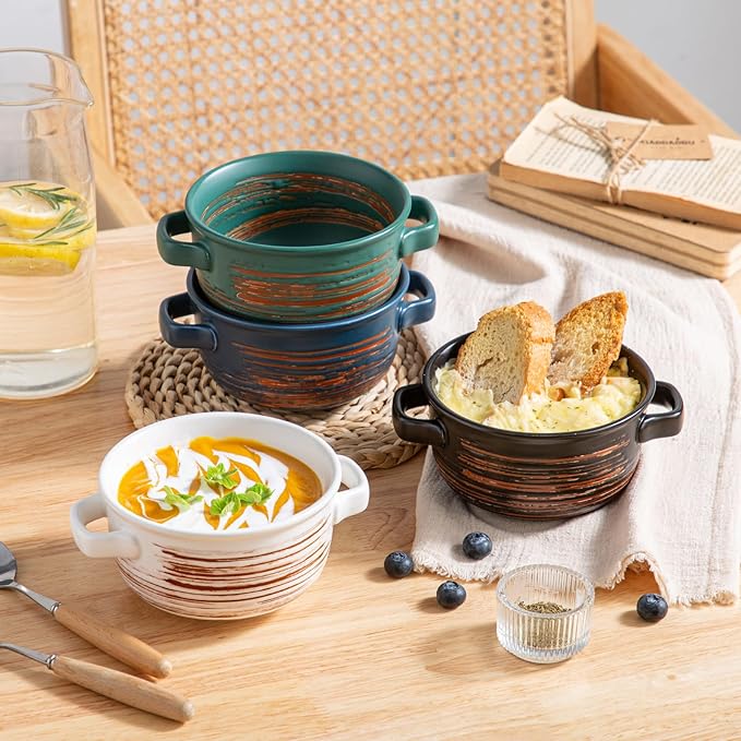 YUN TAO 21 oz French Onion Soup Bowls with Handles, Ceramic Soup Crocks for Ramen, Beef Stew, Pot Pies, Cereal, Oven & Dishwasher Safe - Set of 4