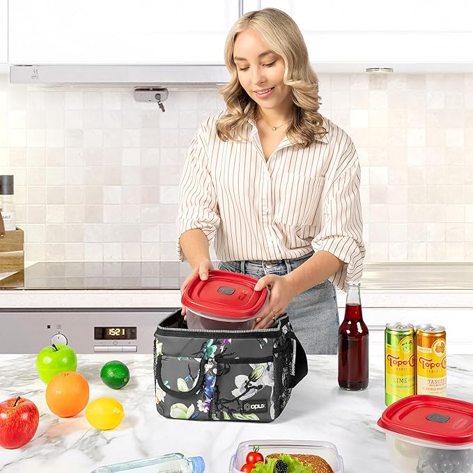 opux Insulated Lunch Box for Men Women Kids, Leakproof Reusable Lunch Bag Cooler for Work School Office, Soft Thermal Lunchbox Tote with Shoulder Strap for Boys Girls Adults, Floral Grey, 14 Can/8L