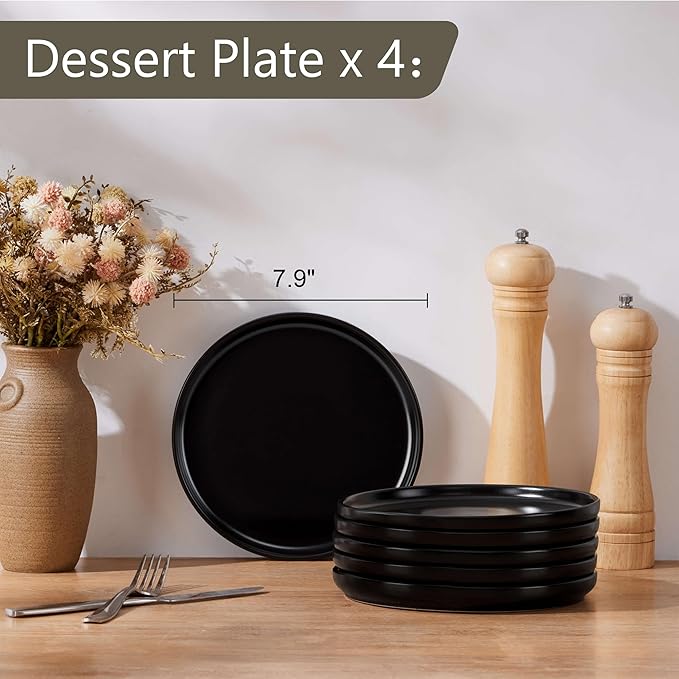 Herogo 6-Piece Stoneware Small Dinner Plates Set, 7.9" Ceramic Round Dessert Plate Set, Double Reactive Glaze Large Dinnerware Plates for Kitchen, Microwave, Oven and Dishwasher Safe, Matte Black