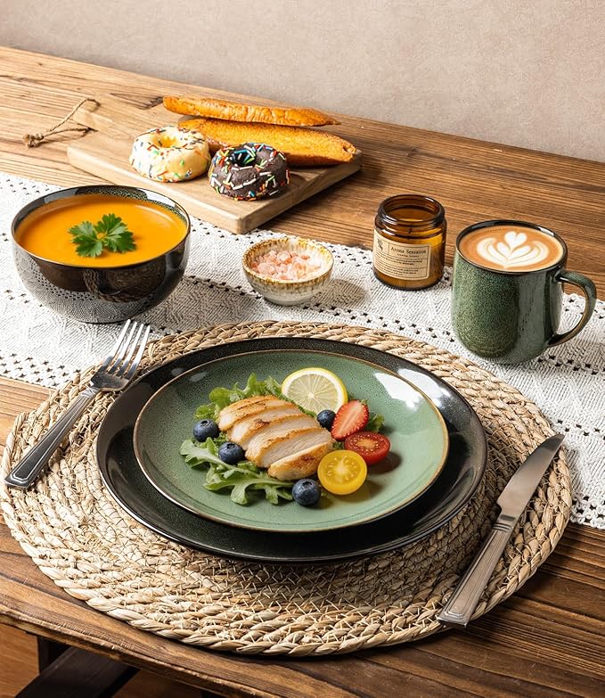 LERATIO Ceramic Dinner Plates Set of 6, 8.0 Inch Handmade Reactive Glaze Porcelain Plates, Coupe Shape Dinnerware Dishes Set for Kitchen,Oven& Microwave & Dishwasher Safe, Scratch Resistant-Green