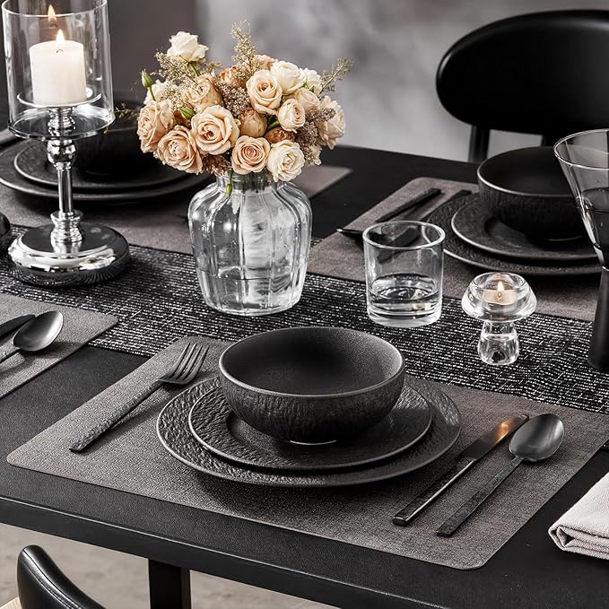 KINGSTONE Black Dinnerware Sets, 24-Piece Matte Marble Pattern Premium Porcelain, Place Setting with Dinner Plate, Salad Plate, Pasta Bowl, Microwave and Dishwasher Safe