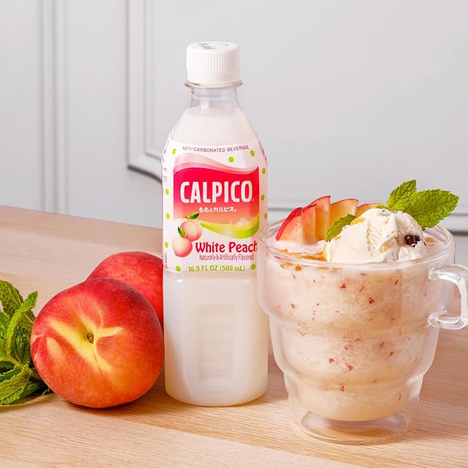 CALPICO White Peach – Smooth, Creamy & Refreshing Non-Carbonated Beverage, Sweet and Tangy, Japanese Lactic Acid Drink, 16.9 Fl oz (Pack of 6)
