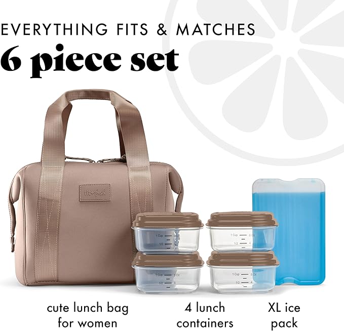 Fit & Fresh Remi Lunch Bag for Women Work – Neoprene Lunch Tote with Containers & Ice Pack, Reusable Meal Prep Lunch Box, Large Capacity, Machine Washable, Taupe