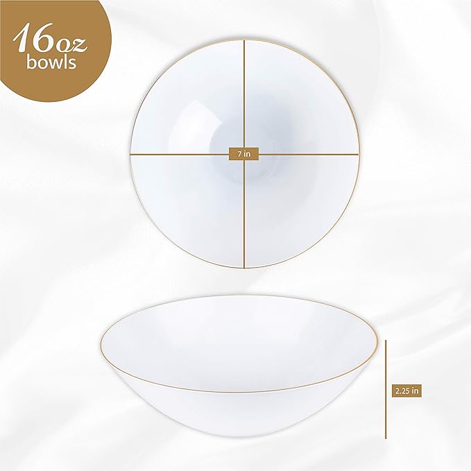 [16 OZ 10 Count] White Plastic Floral Design Party Soup bowls With Gold Rim Premium heavyweight Elegant Disposable Tableware Dishes
