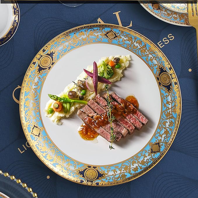 Bone China Dinnerware Set for 4, 8 Piece Tableware for Dining,Ornate Retro Pattern Plates for Fine Dining, Wedding Reception, Anniversary and Restaurant Use