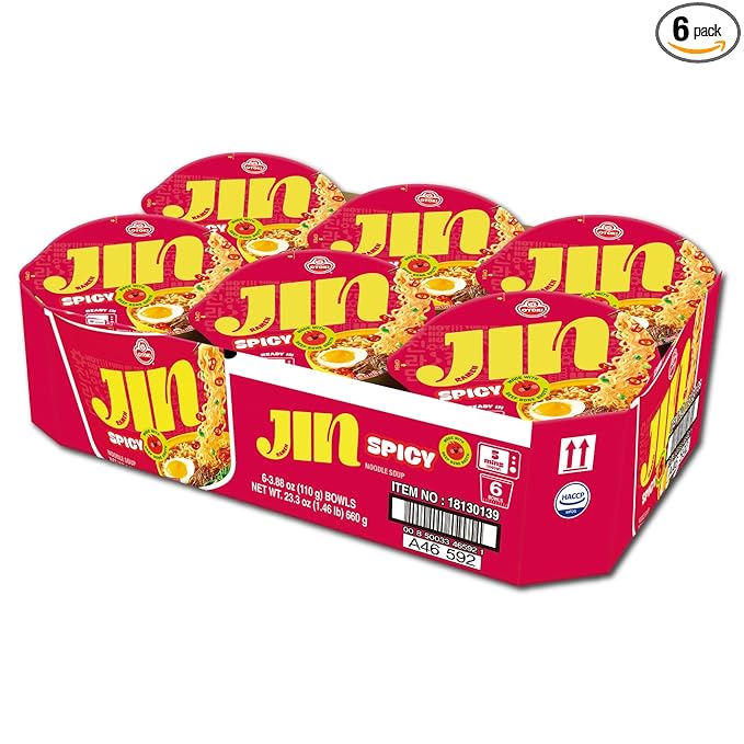 OTOKI Jin Ramen Spicy Bowl – Authentic Korean Instant Noodles with 13-Hour Simmered Beef Bone Broth, Bold & Fiery Flavor, Microwave or Add Hot Water, Ready in 5 Minutes, 3.88 oz (Pack of 6)