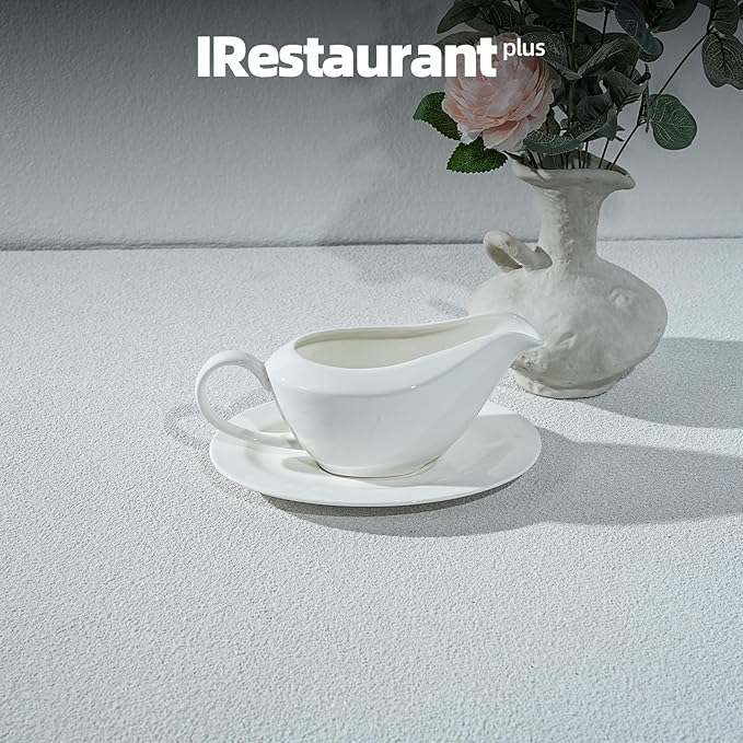 Bone China Wide Rim Commercial Grade Dinnerware Gravy Boat with Dish, Case of 6sets