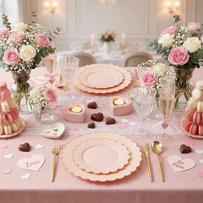 LIYH 60 Pcs Pink Plastic Plates with Gold Pink Plates Disposable Plate Set Includes 30 Dinner 10.25" and 30 Dessert Plate 7.5" for Baby Shower,Weddings,Parties,Birthday