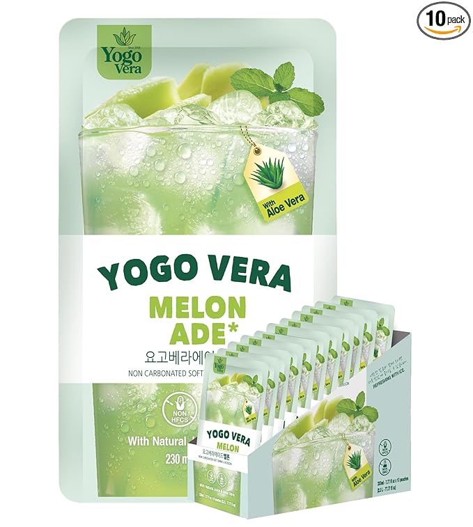 Yogo Vera Melon Ade Korean Drink Pouches – Authentic Korean Convenience Store Beverage with Sweet Melon Flavor, Refreshing Juice Pouch (10 Pack)