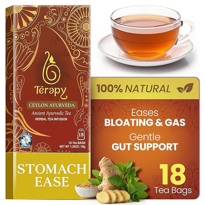 TERAPY Ceylon Stomach Ease Tea – Ayurvedic Herbal Tea for Healthy Digestion, Gut Health, Tummy Tea, Gas Relief, & Stomach Soothing – Relieves Bloating, Gas, Indigestion & Constipation – 18 Bags