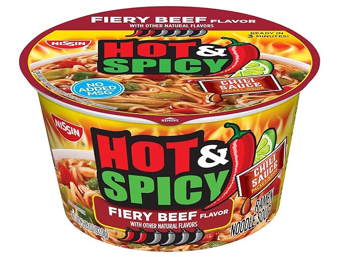 Nissin Hot & Spicy Ramen Noodle Soup, Fiery Beef, 3.28 Ounce (Pack of 6)