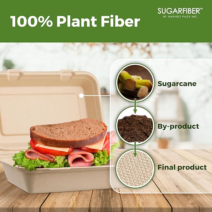 [50 COUNT]Harvest Pack PFAS FREE 9 X 6" Compostable Clamshell Take Out Food Containers, Heavy-Duty Hinged Container, Disposable Bagasse Eco-Friendly Natural to go Food Box, 100% Sugarcane Plant