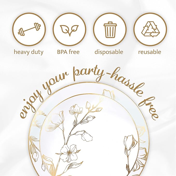 PLASTICPRO 80 Piece Combo Plates Set includes 40-7'' inch Plates & 40-10'' inch Plate White Plastic Floral Design Party Plates With Gold Rim, Premium heavyweight Elegant, Tableware,