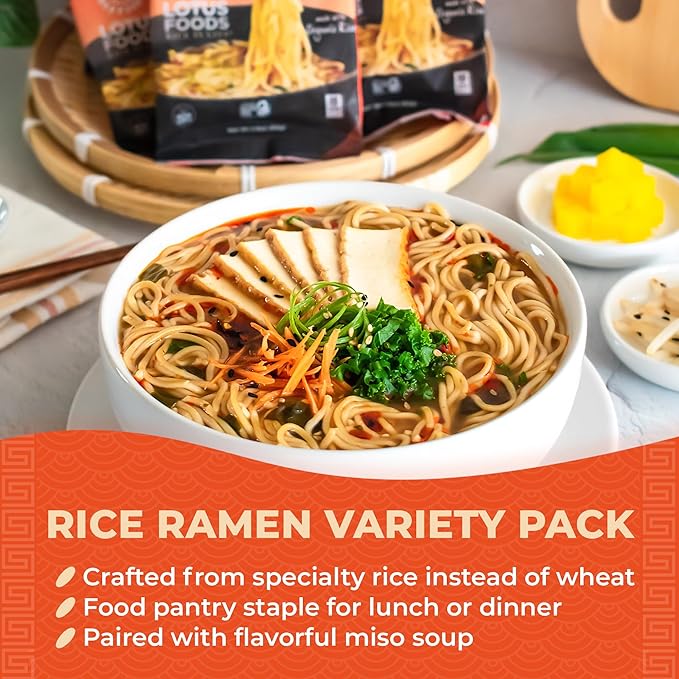 Lotus Foods Bulk Organic Rice Ramen with Miso Soup Variety Bundle - Jade Pearl, Millet & Brown Rice, Gluten Free Rice Ramen, Whole Grain Ramen Noodles - 2.8 oz Bags (Pack of 10)