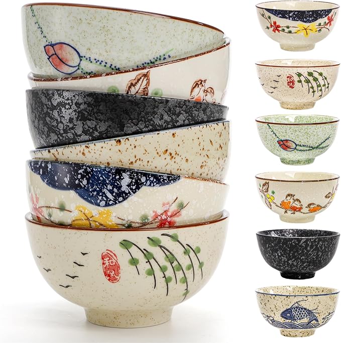 6 Pack Retro Ceramic Bowls, 4.5 Inch Japanese Rice Bowl, 10 Oz Small Soup Serving Set Hand-painted Cereal Holder for Salad, Dessert, Ice Cream, Noodles, Dishwasher Microwave Safe