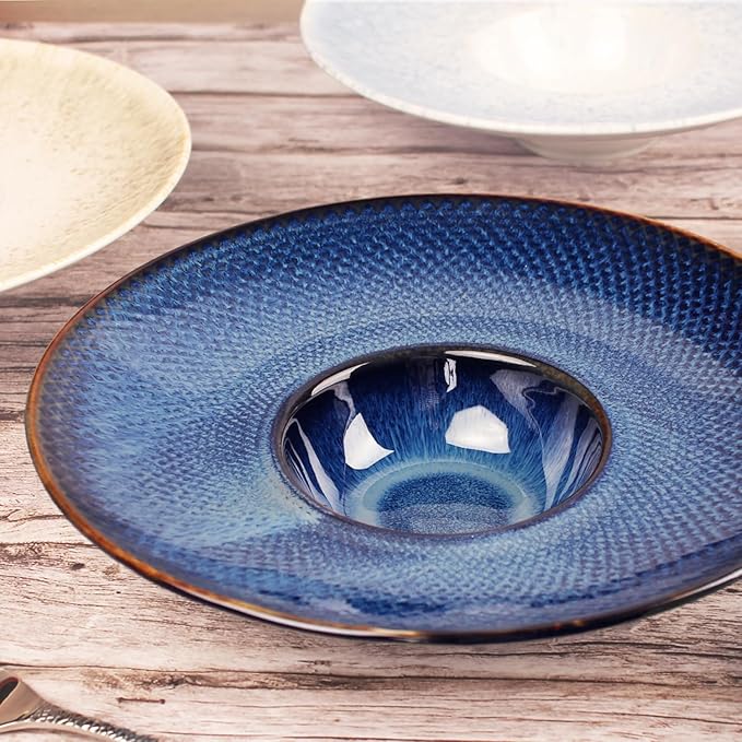Soup Bowls, Soup Plates, 5.1 oz, Porcelain Pasta Bowl Set of 4, Wide edge Shallow Bowl Plates, Rimmed Bowls with Rim, Best choice for high-end restaurants and foodies,Royal blue 9.8 Inch