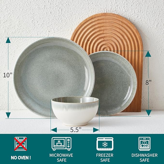 Pokini Gradient Green Stoneware Dinnerware Sets, 12 pcs Reactive Glaze Plates and Bowls Sets, Handmade Ceramic Round Dishes Set for 4, Highly Chip and Crack Resistant Modern Plate Set