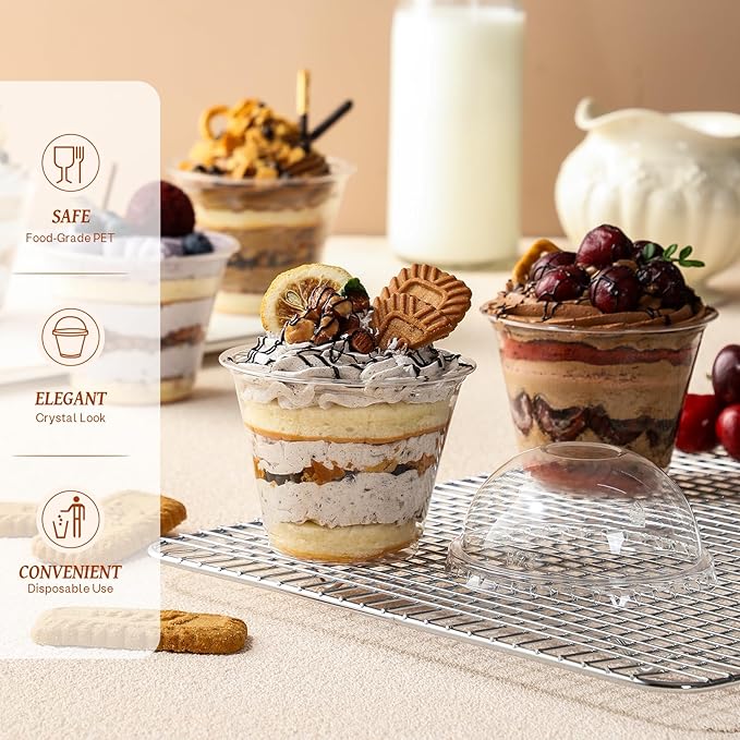 AOZITA 100 Sets, 9 oz Clear Plastic Cups with Dome Lids (No Hole) - Disposable Cups for Ice Cream,Cake,Fruit,Parfait, Dessert, Pudding and Jello Shot ﻿