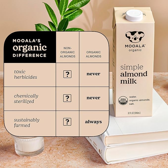 Mooala Organic Simple Almond Milk, 32oz - 3 Ingredient, Shelf Stable, No Gums, No Oils, No Fillers, Unsweetened, Non-GMO, No Additives, Dairy Free Plant Based Milk, 6 pack