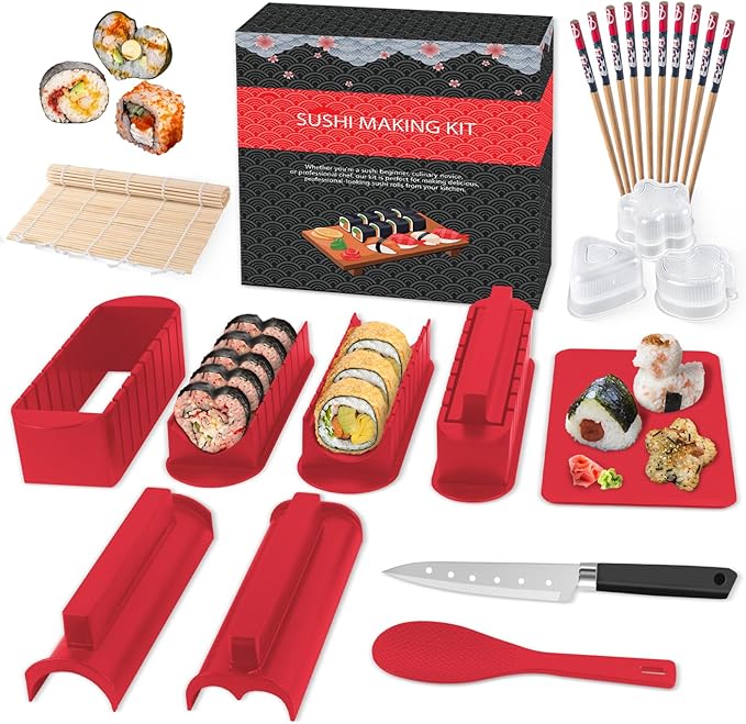 HI NINGER Sushi Maker Set, 24-piece sushi maker kit for beginners to make their own sushi. Can be used as a sushi plate with rice roll molds, knife, sushi plate,sushi rolling mat (red)