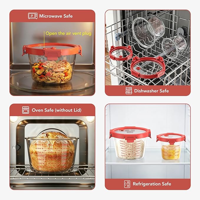 GENICOOK Glass Containers with Airtight Lids, 2-Piece Borosilicate Glass Baking Set (24oz & 71oz) for Sourdough Starter, Dough Mixing & Proofing, Wide Mouth with Easy-Read Measuring Marks, Microwave, Oven & Dishwasher Safe