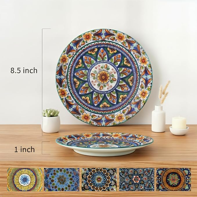 glowworm Dinner Plates Set of 6 – 8.5 Inch Ceramic Dessert Plates, Colorful Bohemian Salad Plate Set for Kitchen, Restaurant & Housewarming Gift – Microwave, Oven & Dishwasher Safe