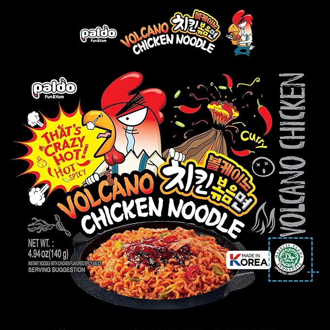 Paldo Fun & Yum Volcano Extremely Hot & Spicy Stir Fried Chicken Instant Noodles, Pack of 4, Soupless Original Korean Ramyun, Spicy Ramen Challenge, Chicken Bokkeummyun, 140g (4.93 oz) x 4