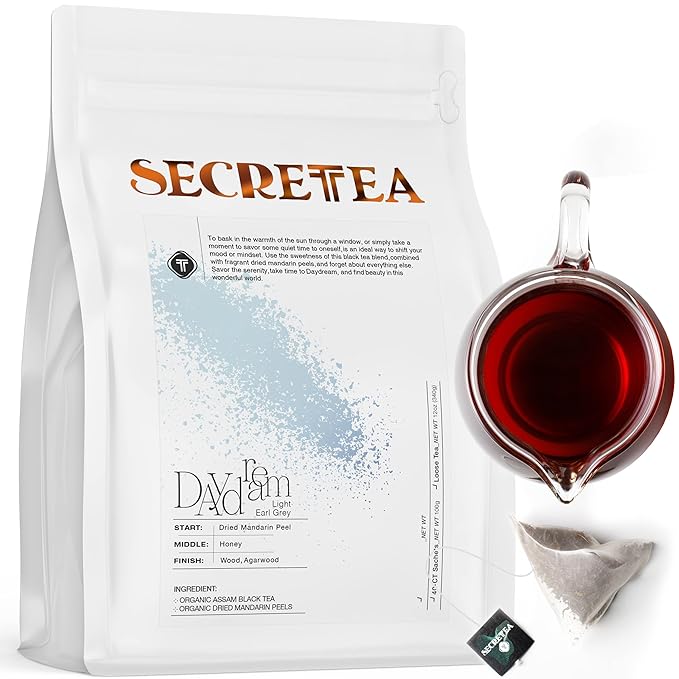 Organic Earl Grey Tea, Good for BREAKFAST TEA | NATURAL ANTIOXIDANTS,100% Real ingredients, 40 Count Unwrapped Tea Bag | By T SECRETEA, Daydream