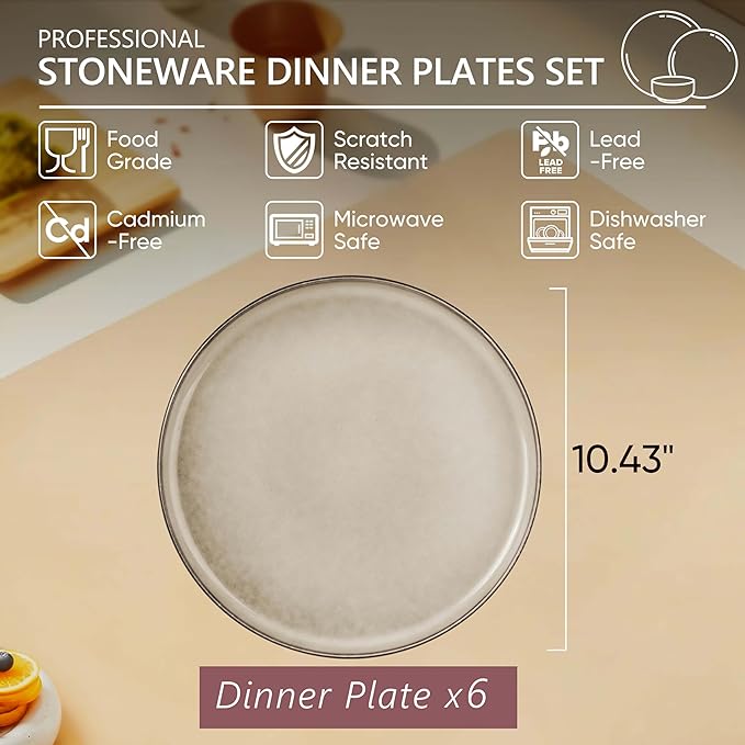 Herogo Ceramic 10.43 Inch Dinner Plates Set of 6, Stoneware Dinnerware Plate Set, Double Reactive Glaze Large Dinnerware Plates for Kitchen, Microwave, Oven & Dishwasher Safe, Cream Khaki