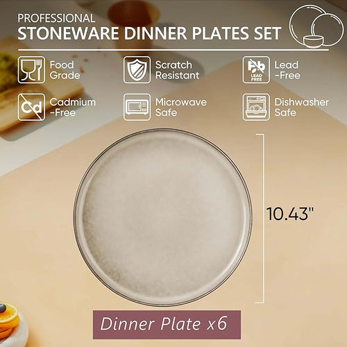 Herogo Ceramic 10.43 Inch Dinner Plates Set of 6, Stoneware Dinnerware Plate Set, Double Reactive Glaze Large Dinnerware Plates for Kitchen, Microwave, Oven & Dishwasher Safe, Cream Khaki