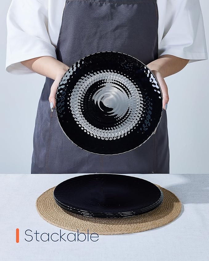 LaGlint 10.5 inch Dinner Plate Set of 6, Round Opal Glass Black Geometric Faceted Dinnerware Plates, Dishwasher and Microwave Safe