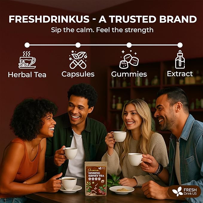 FreshDrinkUS, Ginseng Kidney Tea – 15 Packs of Herbal Detox & Vitality Support | 100% Natural Roots & Berries | Caffeine-Free | Adaptogenic Blend for Energy, Kidney Health, and Wellness