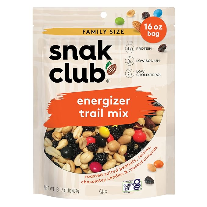 Snak Club Energizer Trail Mix with Roasted Salted Peanuts, Raisins, Chocolatey Candies, Roasted Almonds, Gluten-Free and Kosher Snack, 16 oz Resealable Bag