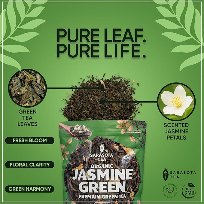 Organic Jasmine Green Loose Leaf Tea | Fragrant Chinese Green Tea Scented with Jasmine Blossoms | USDA Organic | 1lb Bulk Bag | Floral & Smooth | Hot or Iced | Non-GMO