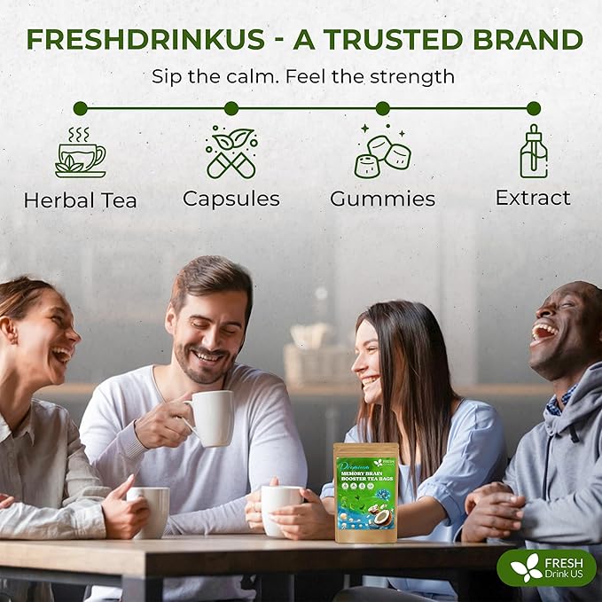 FreshDrinkUS, Memory Brain Booster Tea Bags | 75 Count | Ginkgo Biloba, Gotu Kola, Lion’s Mane Mushroom, MCT Coconut Oil | Herbal Blend Tea Bags | Naturally Flavorful, No Additives, Caffeine-Free
