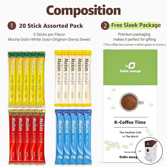 CUTIE MANGO Maxim & Ice Coffee Mix 20 Sticks | Korean Instant Coffee Sampler 4 Flavors Packets (5 Sticks Each) | White Mocha Original Ice Coffee Assortment Café Style | Camping Party Office Easy-Cut