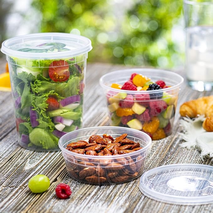 ELEGANT DISPOSABLES Combo Set 8, 8oz - 8, 16oz - 8, 32oz Plastic Deli Food Storage Containers with Airtight Flexible Lids Microwavable, Leak Free, Washable, Freezer Safe.
