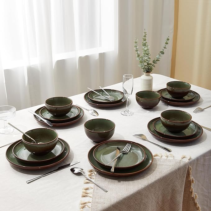 Pokini Stoneware Dinnerware Sets Service for 12, 36 pcs Reactive Glaze Plates and Bowls Sets, Handmade Ceramic Dish Set, Highly Chip and Crack Resistant Modern Plate Set, Brown Green