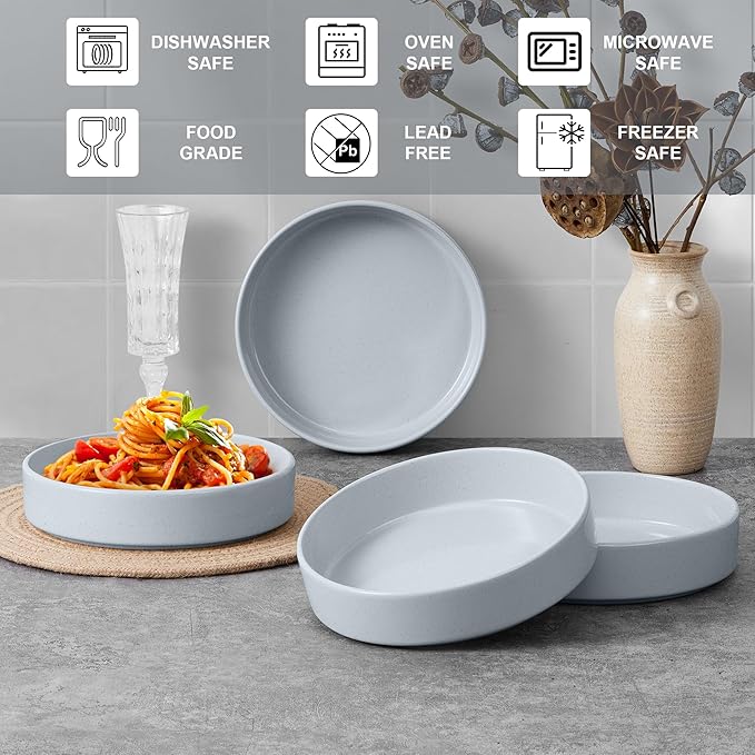 E-far Pasta Bowls Set of 4, 35oz Ceramic Large Salad Bowl Plates for Serving Soup Dinner, Shallow Stoneware Pasta Plate, Microwave & Dishwasher Safe, Speckled Gray