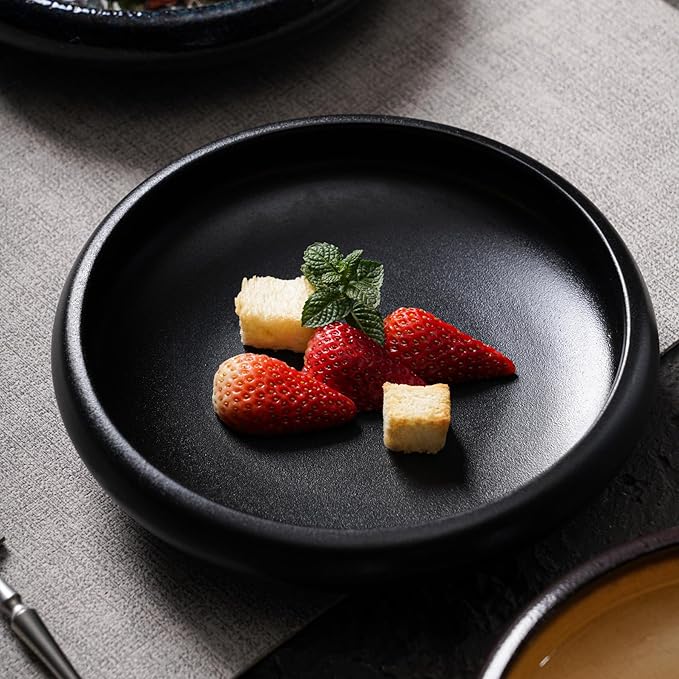 Uaral Japanese Salad Plate,8 Inch Black Plates and Bowls Set,Stoneware Pasta Bowl Set of 2,20 oz(Texture Matte Black)