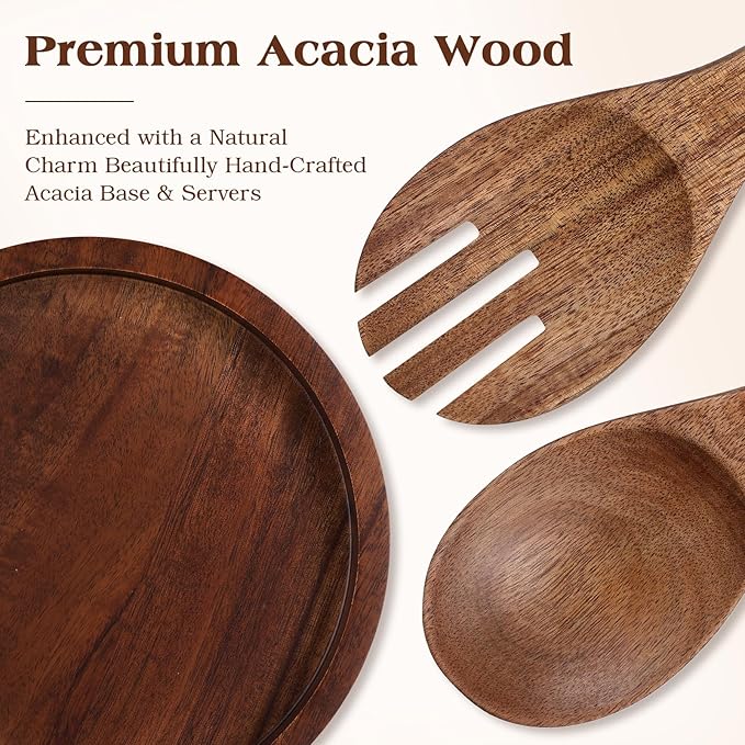 121oz Large Glass Salad Bowl Set with Acacia Wood Base, 3.8QT Clear Serving Bowl with Wooden Spoons, 3600ml Decorative Mixing Bowl for Fruit, Pasta, Party and Thanksgiving (Classic Smooth)